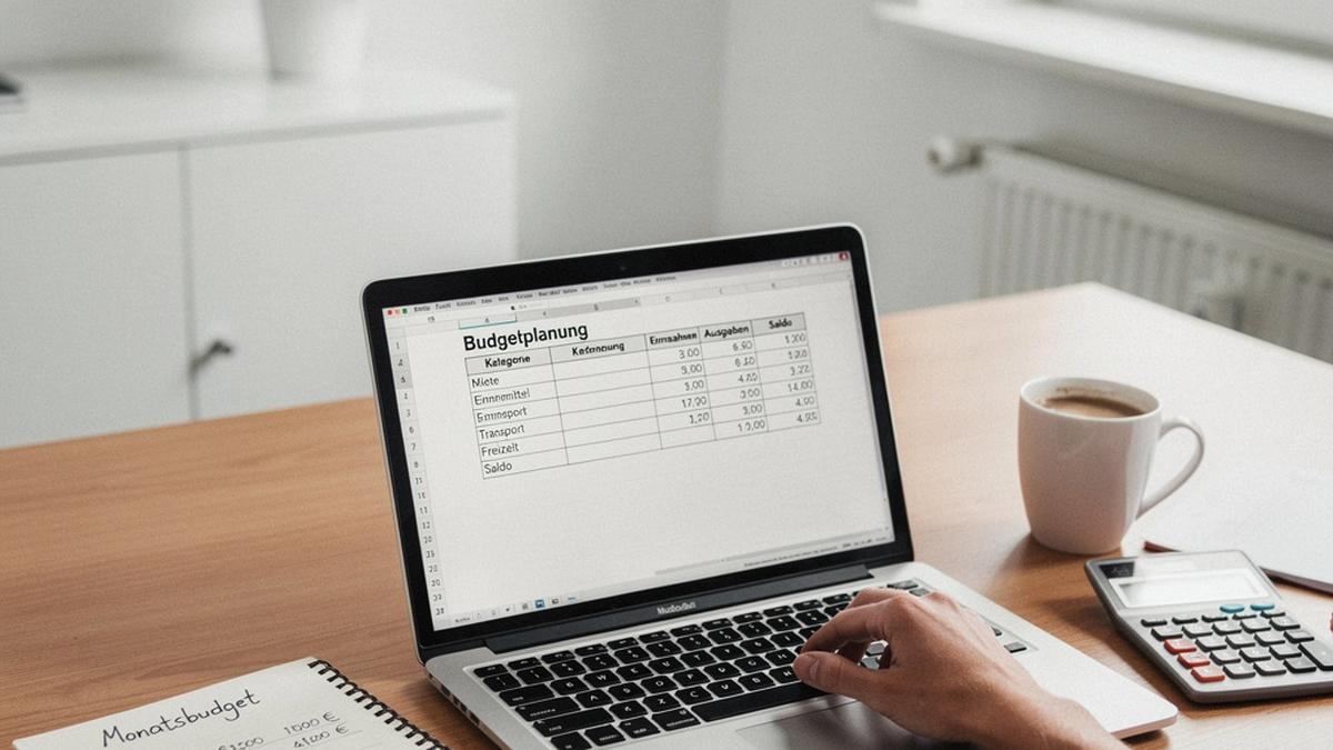 Illustratives Foto: Budgetplanung am Laptop mit Notizen und Taschenrechner